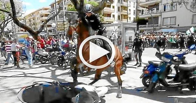 Un caballo de la policía se desboca entre aficionados de Sevilla y Betis
