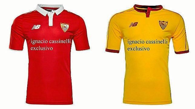 La segunda y tercera equipación del Sevilla, roja y amarilla