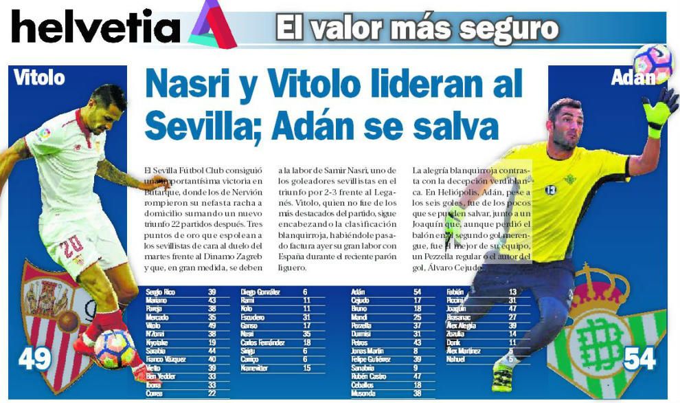 Nasri y Vitolo lideran al Sevilla; Adán se salva