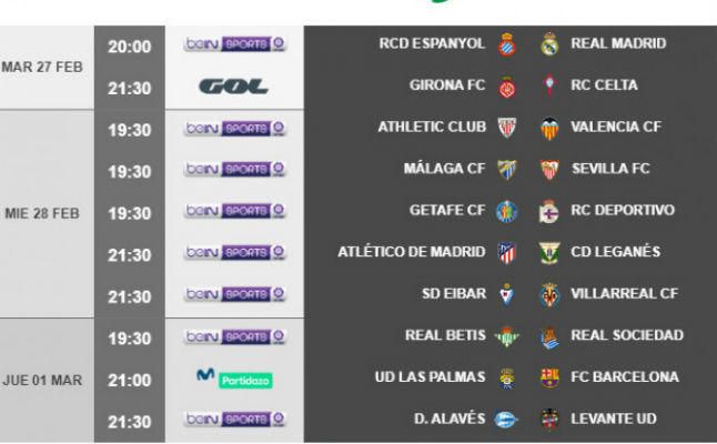 Horarios de la jornada 26: Málaga-Sevilla, el miércoles y Betis-Real Sociedad, el jueves