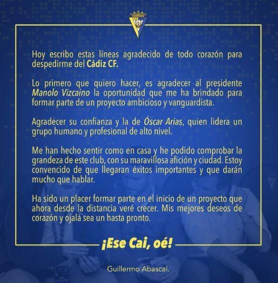 Guille Abascal se despide del Cádiz