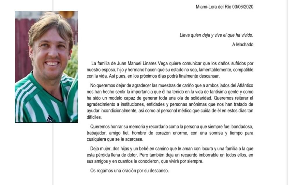 Tristísimo final para la lucha por la vida de Juanma Linares