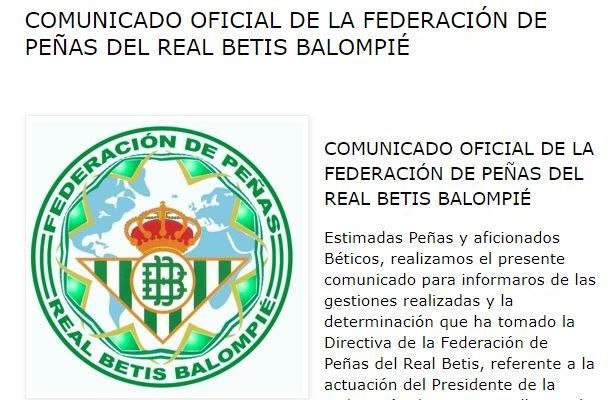 La Federación de Peñas del Betis rompe relaciones con la del Sevilla