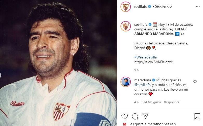 Maradona, agradecido al Sevilla: "Los llevo en mi corazón, es un honor para mí"
