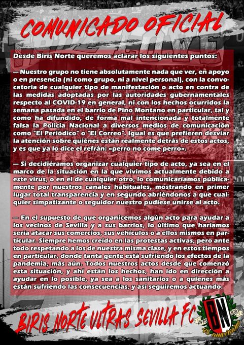 Biris Norte se defiende en un comunicado