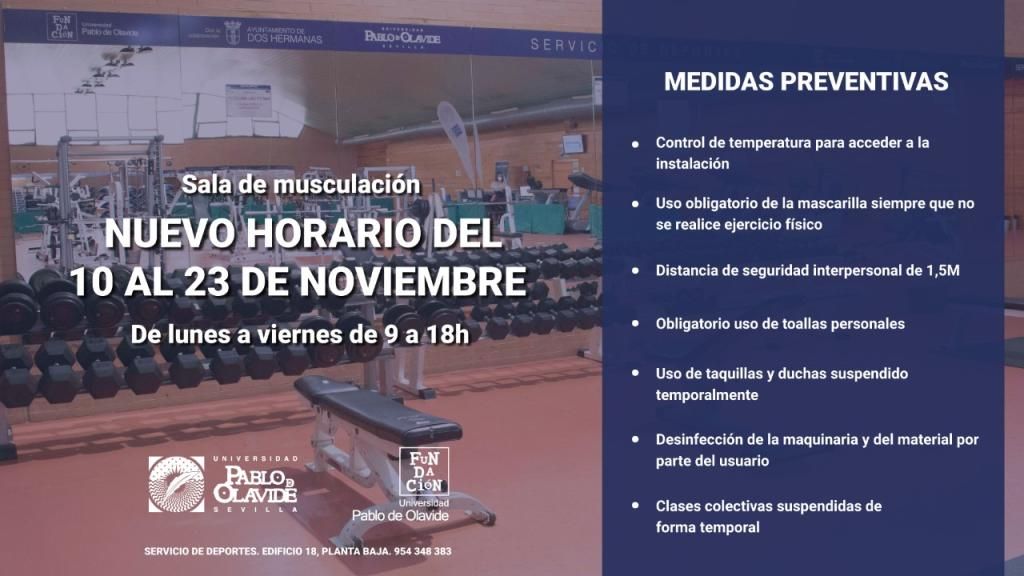 El gimnasio de la UPO adelanta su cierre a las 18:00 horas