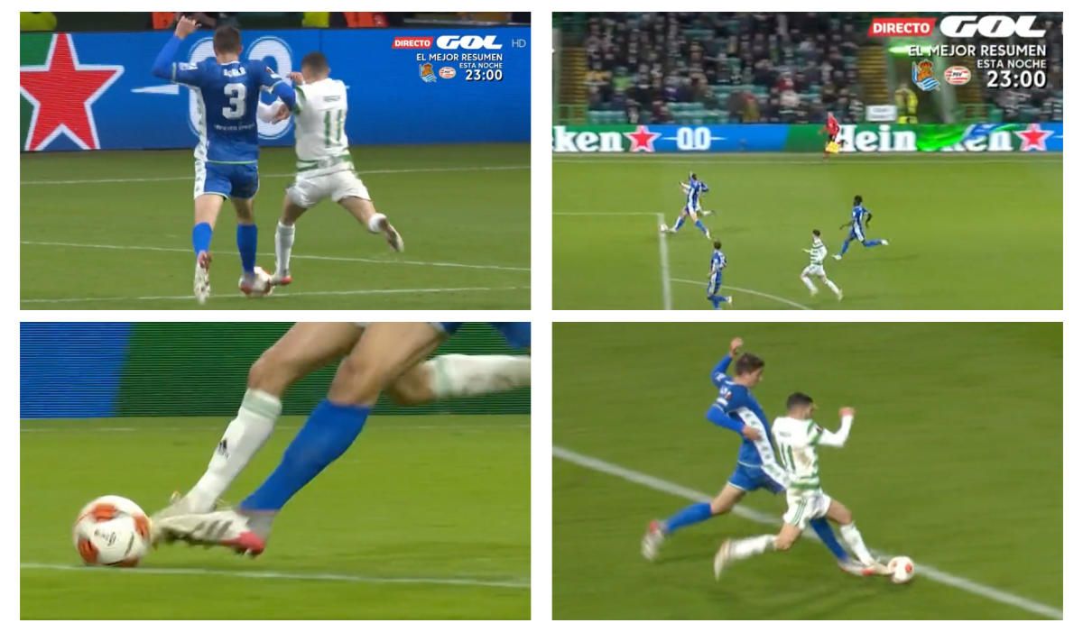 El increíble penalti que le pitaron al Betis en Glasgow, desde todos los ángulos
