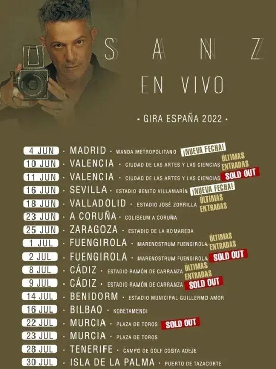 Alejandro Sanz ya tiene fecha en su gira para su cita con Sevilla y el Benito Villamarín