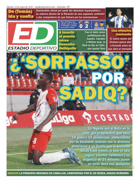 La portada de ESTADIO Deportivo para el sábado 14 de mayo de 2022