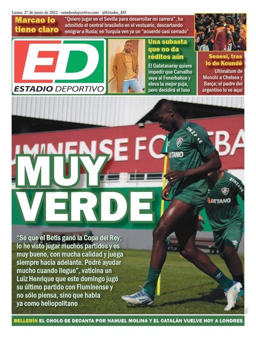 La portada de ESTADIO Deportivo para el lunes 27 de junio de 2022