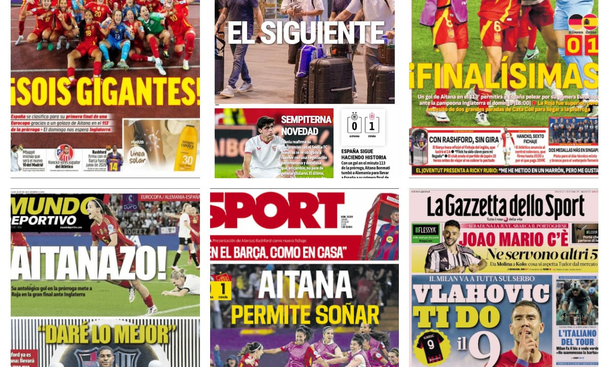 España a la final de la Eurocopa Femenina, Rashford ya luce los colores del FC Barcelona, Valentín Gómez, Juanlu... así vienen las portadas de hoy