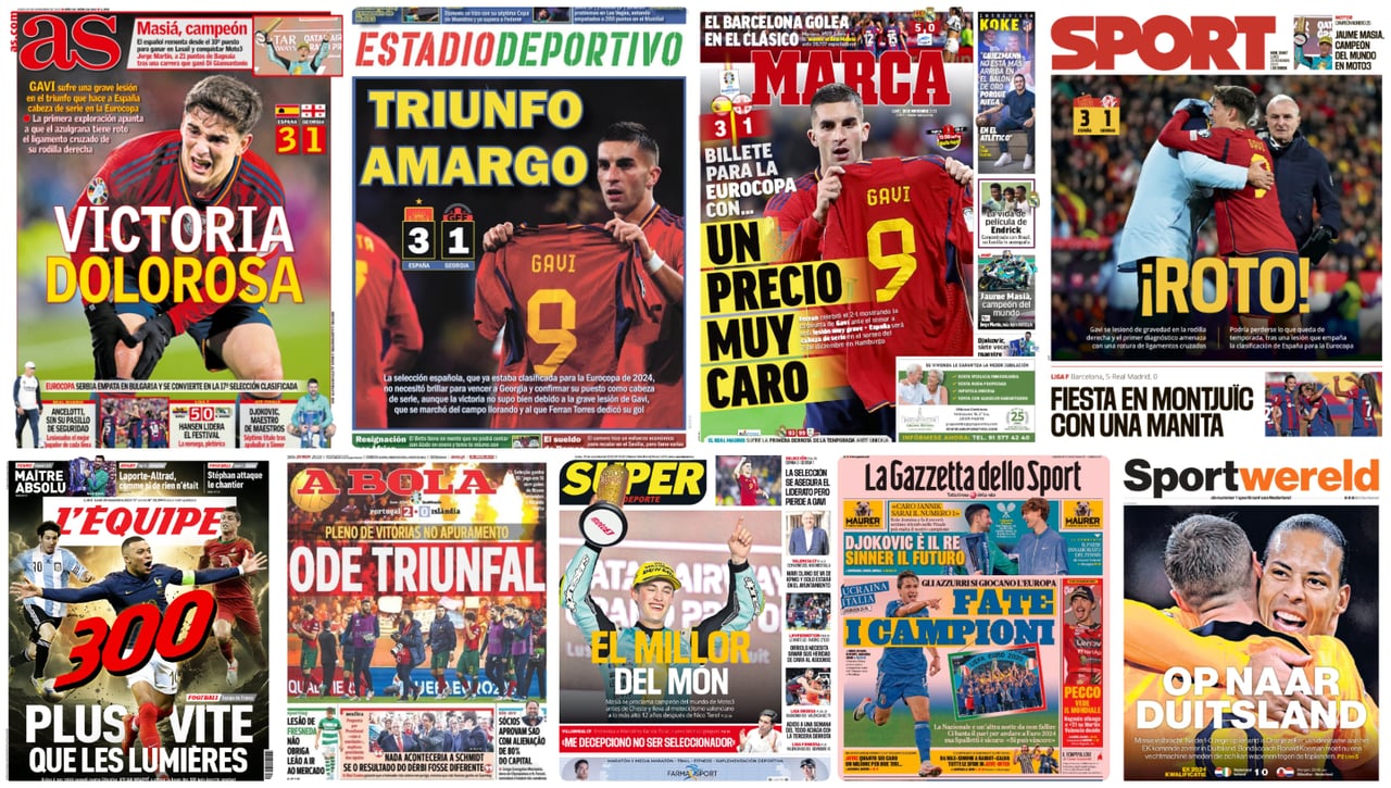 Lesión de Gavi, sueldo de Ramos, viaje de Abde, Euro 2024, Djokovic, Masià, Clásico... portadas del lunes 20 de noviembre de 2023 