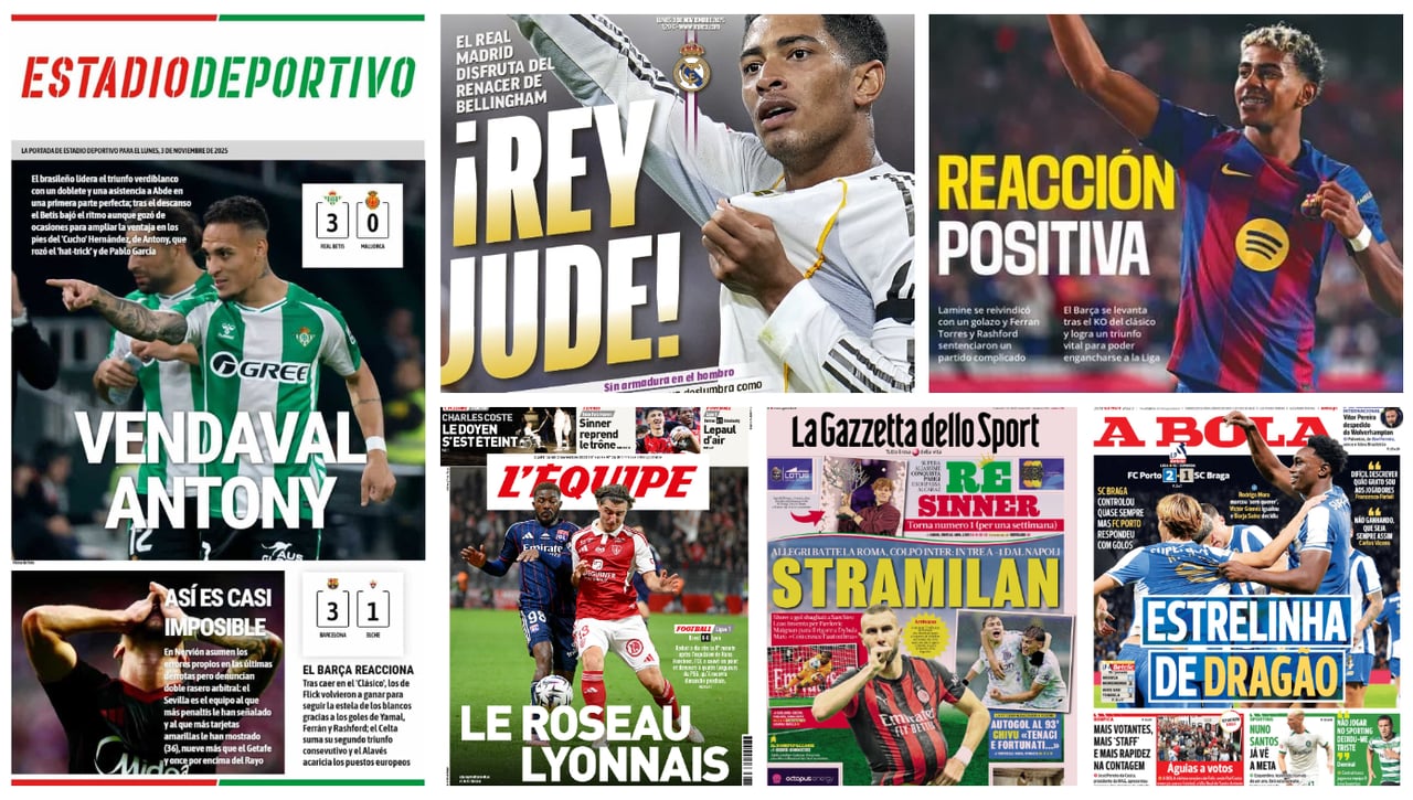 Vendaval Antony, castigo al Sevilla, Rey Bellingham, reacción de Lamine Yamal, Sinner... las portadas del lunes 3 de noviembre de 2025