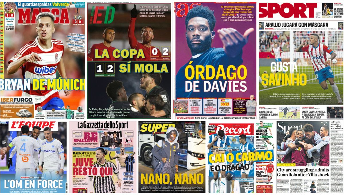 Bryan Múnich, La Copa Mola, Sergio Ramos, Borja Iglesias, Savinho, Davies, Emery... las portadas del jueves 7 de diciembre de 2023