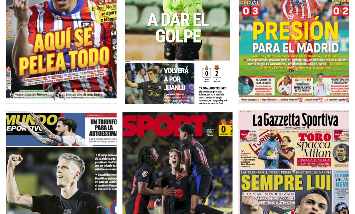 La contundente victoria del Atlético en Mestalla, Olmo al rescate del Barça, el Betis preparado para asaltar puestos europeos... así vienen las portadas de hoy