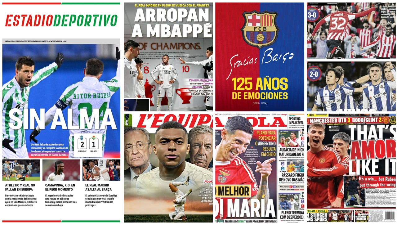 Betis desalmado, Mbappé hundido, Barça festivo, eufóricos Athletic y Real Sociedad... portadas del viernes 29 de noviembre 2024    