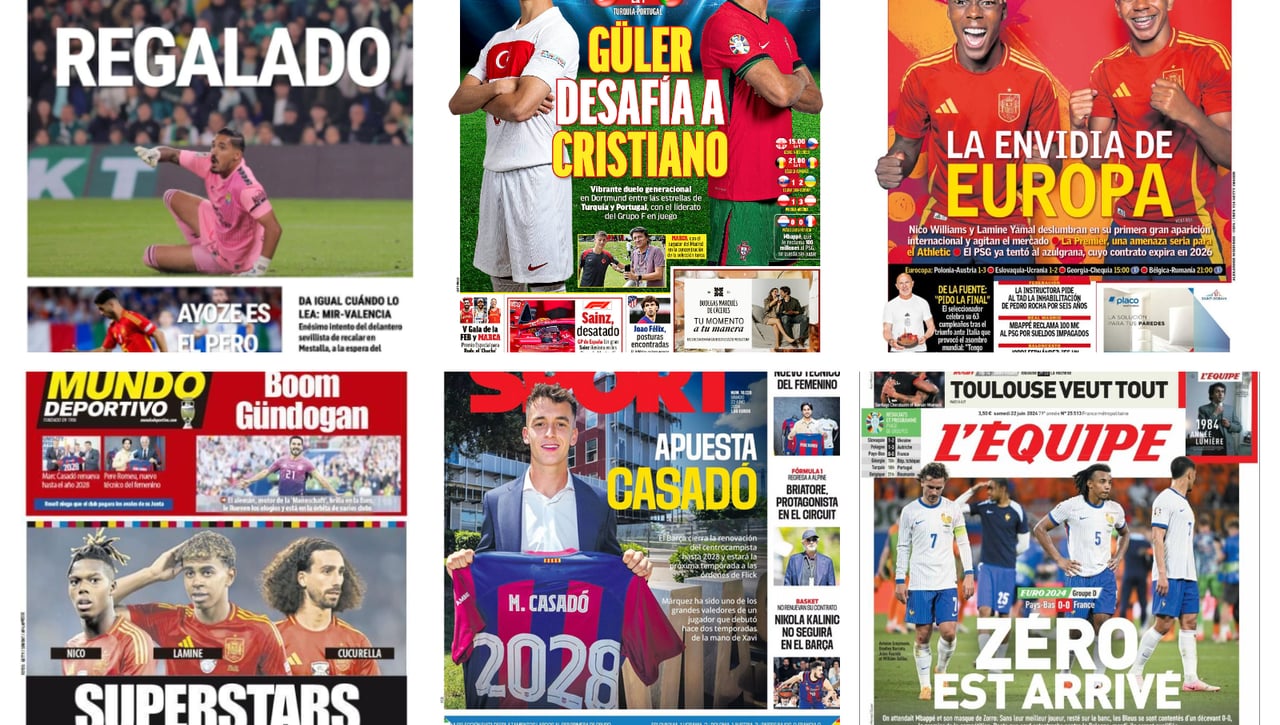 La Eurocopa, el nuevo lío entre el PSG y Mbappé, Casadó y Romeu en el FC Barcelona… las portadas del sábado 22 de junio 2024