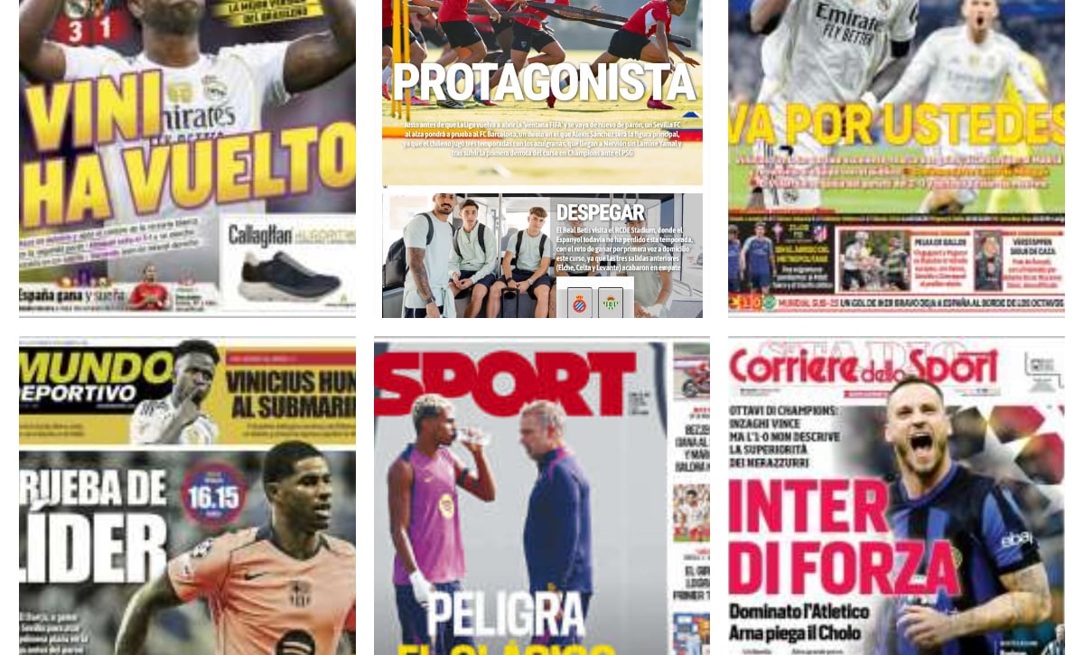 La victoria del Real Madrid, el partido entre Sevilla y Barcelona, el reto del Betis en casa del Espanyol...Así vienen las portadas
