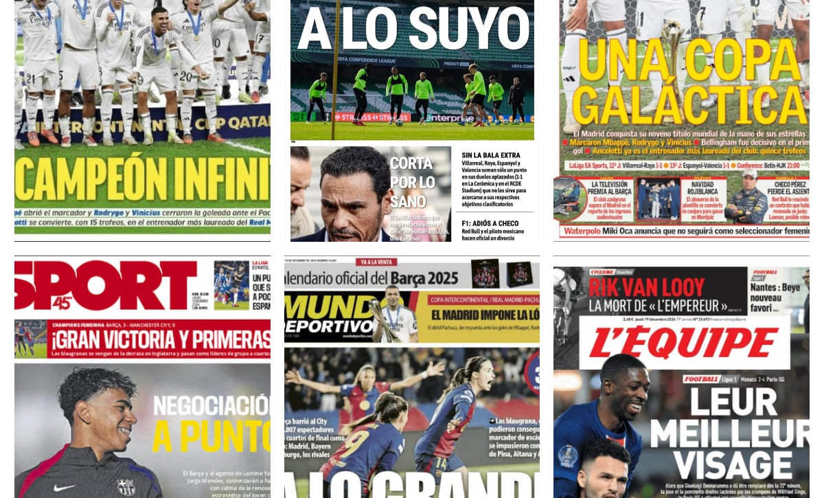 El Madrid campeón de la Intercontinental, el Barça Femenino arrasa al City, Red Bull y Checo Pérez se separan... así vienen las portadas