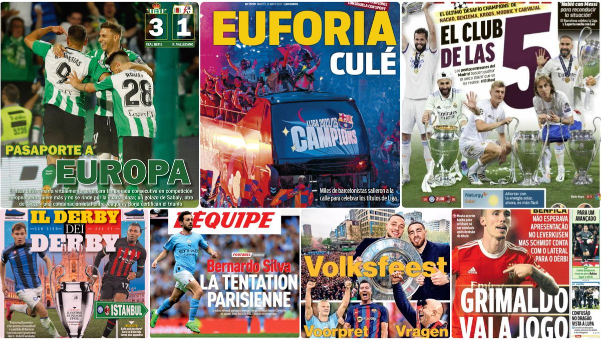 Billete a Europa, gol a la Juve, 5 de copas, Euforia culé, el derbi del derbi... las portadas del martes 16 de mayo