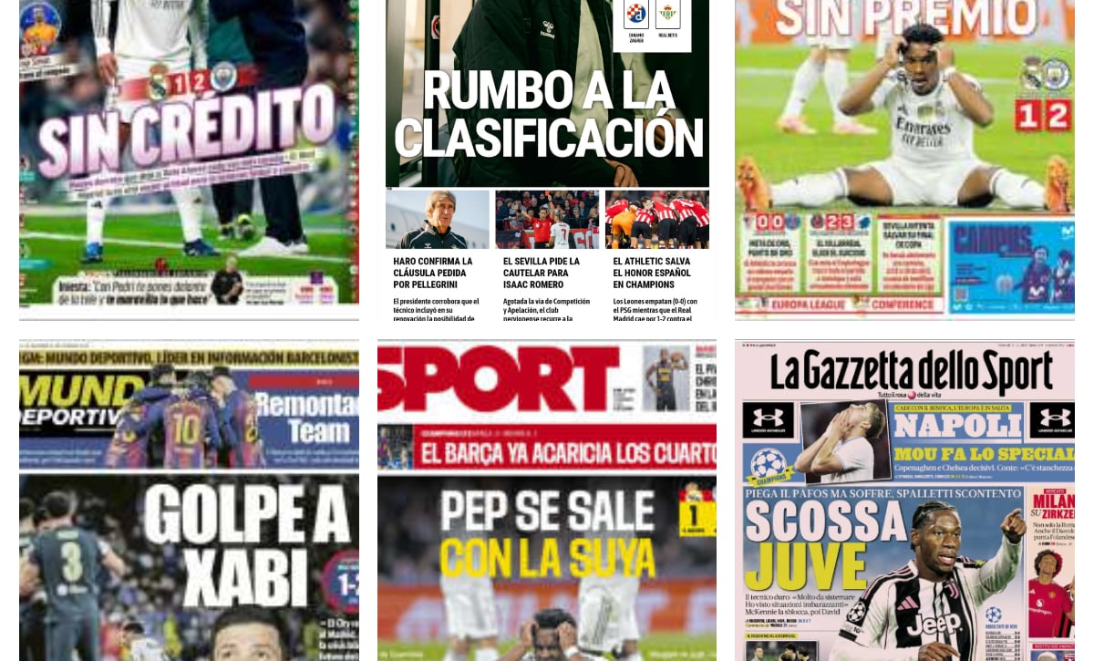 La clasificación del Betis en Zagreb, la renovación de Pellegrini, la derrota del Real Madrid ante el Manchester City...así vienen las portadas
