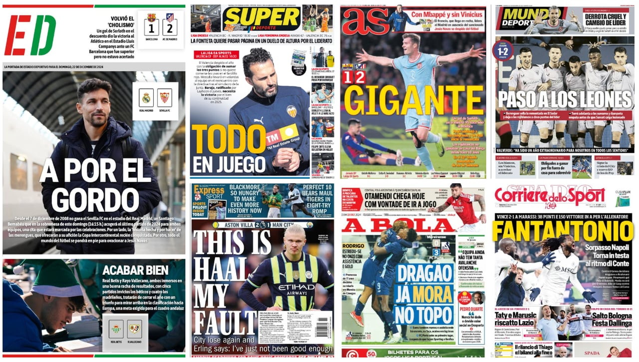 Sorloth, Jesús Navas, Abde, Mbappé, Guardiola, Pablo Durán, Berenguer, Baraja... portadas del domingo 22 de diciembre 2024  