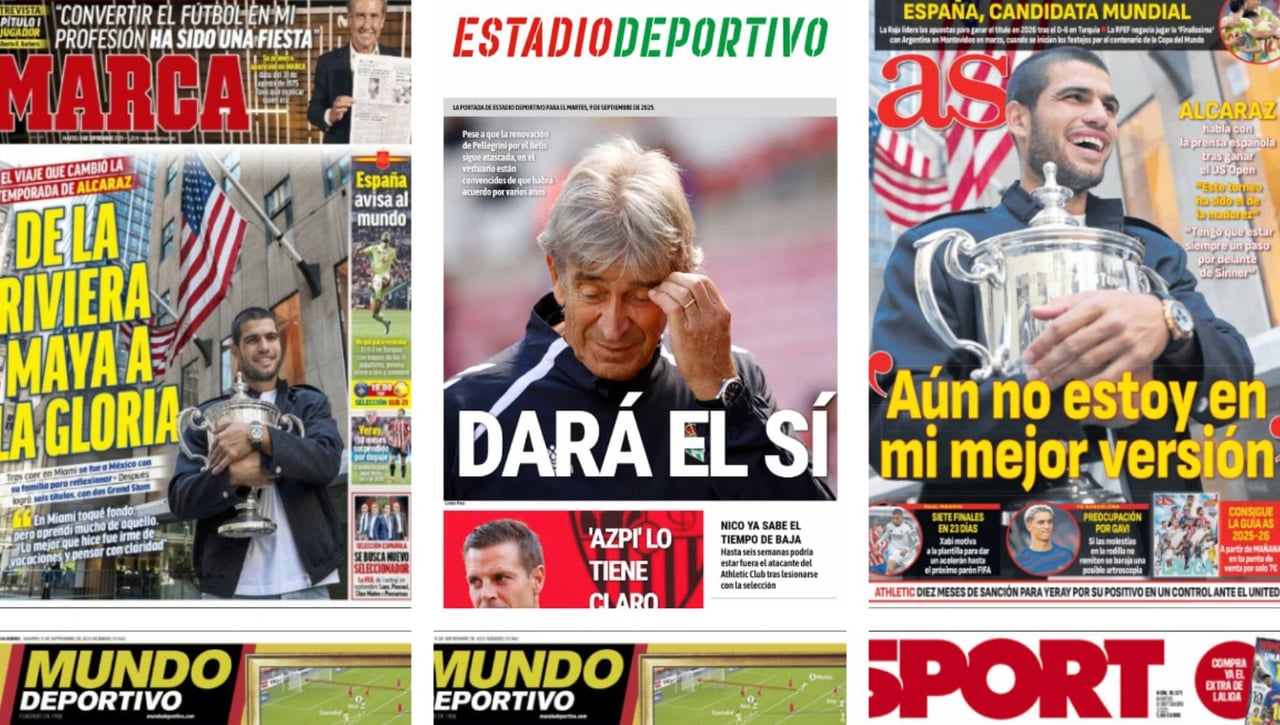 La renovación de Pellegrini, la crisis en el Athletic y el próximo reto de Carlos Alcaraz... Así vienen las portadas deportivas