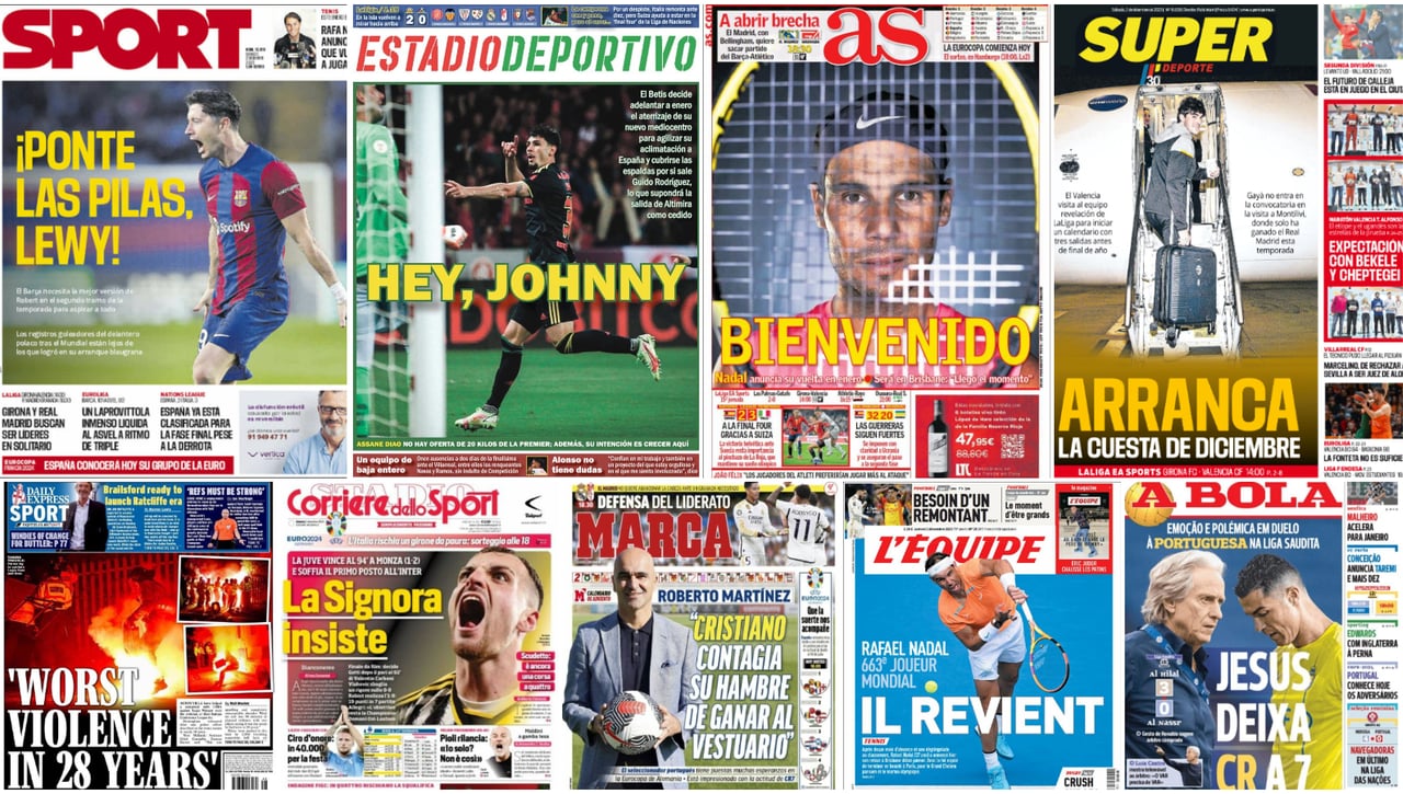 Johnny Cardoso, Diego Alonso, Rafa Nadal, Nico Williams, Lewandowski, arde Birmingham... las portadas del sábado 2 de diciembre 