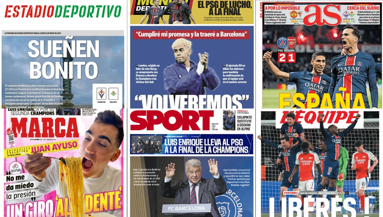 La clasificación del PSG para la final de Champions, la cita con la historia del Betis... Así vienen las portadas deportivas de este jueves 8 de mayo