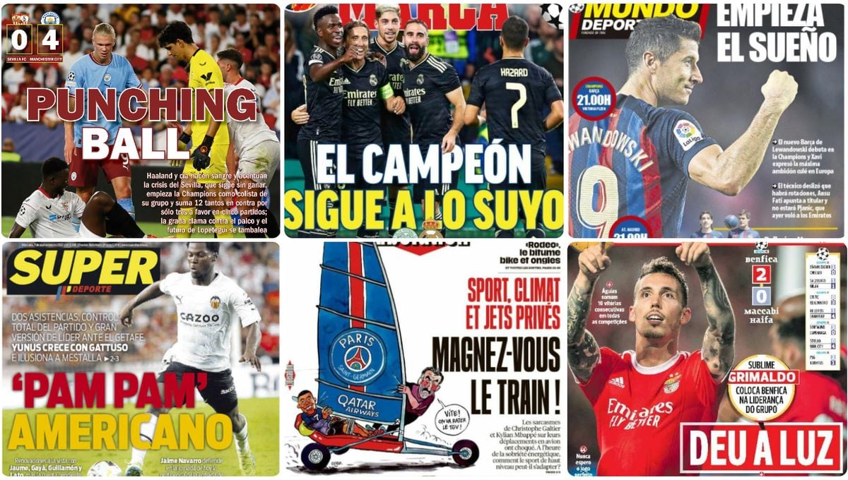 El 'punching ball' del Sevilla, un Betis naranja, Bellerín, Champions, Eurobasket... las portadas del miércoles