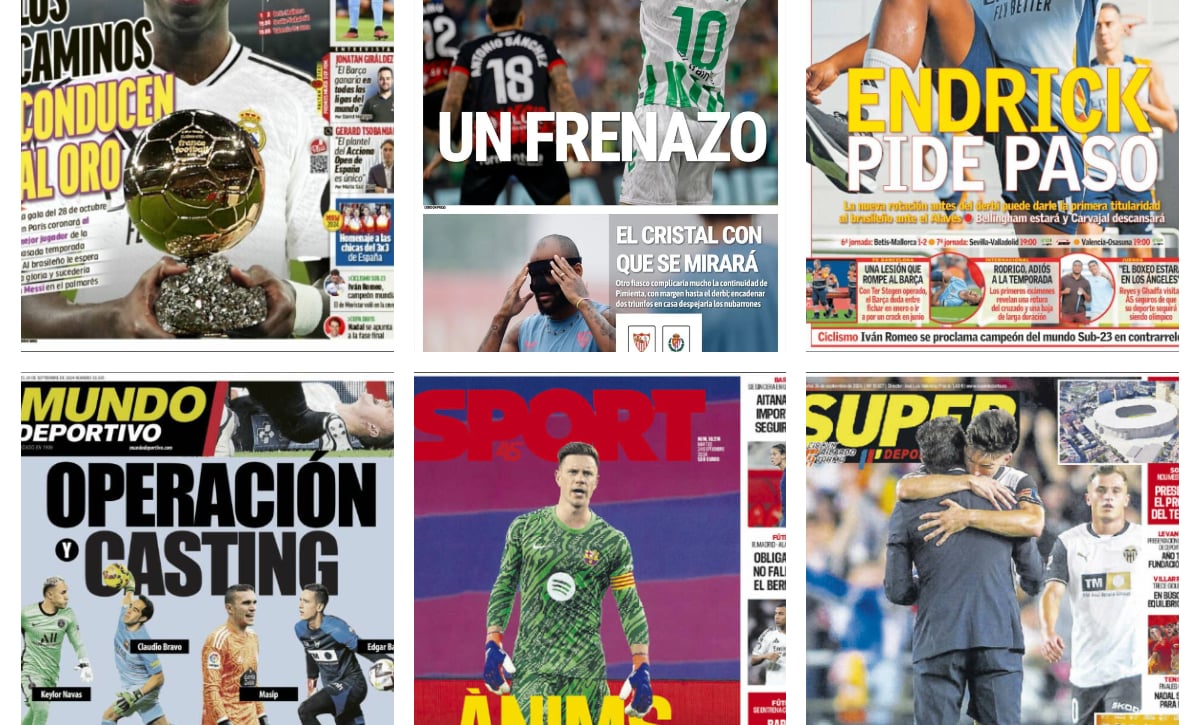El frenazo del Betis, Vinicius candidato al Balón de oro, la lesión de Ter Stegen, el Marsella de Roberto De Zerbi... así vienen las portadas