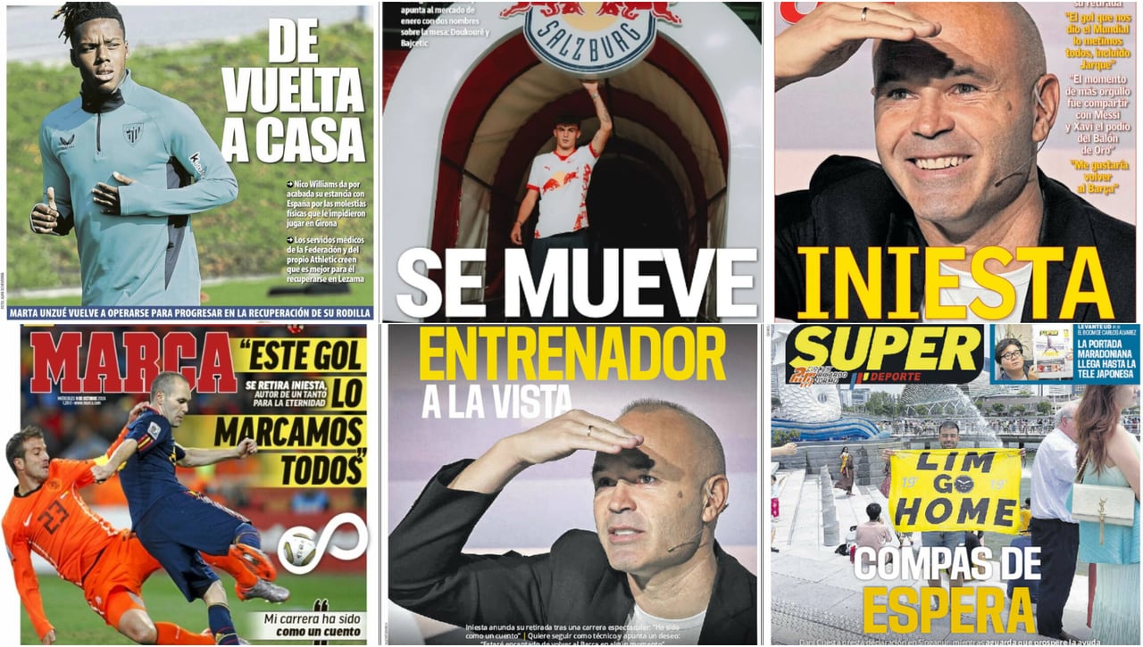 El adiós de Iniesta, los fichajes del Betis, el regreso de Nico Williams... así vienen las portadas de hoy