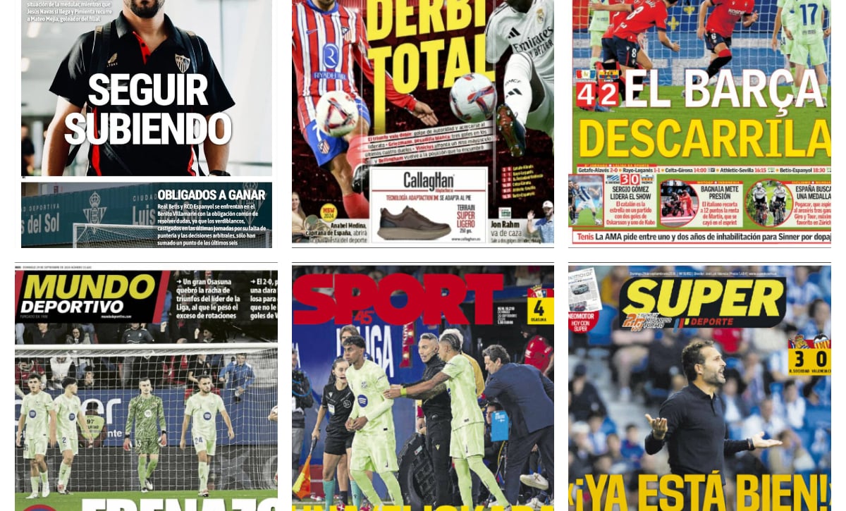 Un derbi para la historia y el contundente tropiezo de Flick en Pamplona: así vienen las portadas