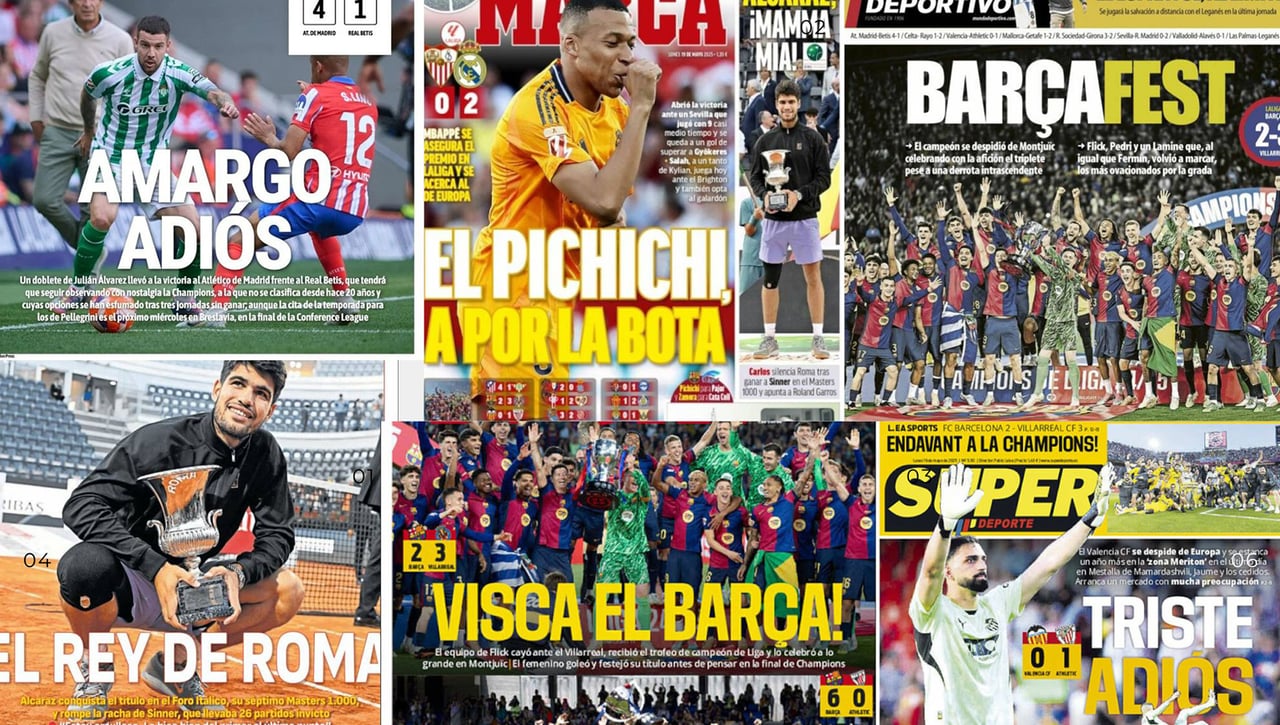 Mbappé, la fiesta del Barça, el adiós del Betis a la Champions, el rey Alcaraz... Así vienen las portadas de hoy  