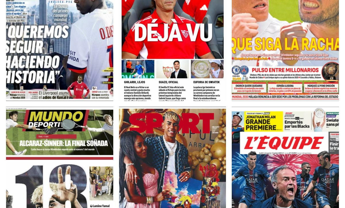 La final del Mundial de Clubes, Alcaraz se vuelve a ver las caras con Sinner, los 18 de Lamine... así vienen las portadas de hoy