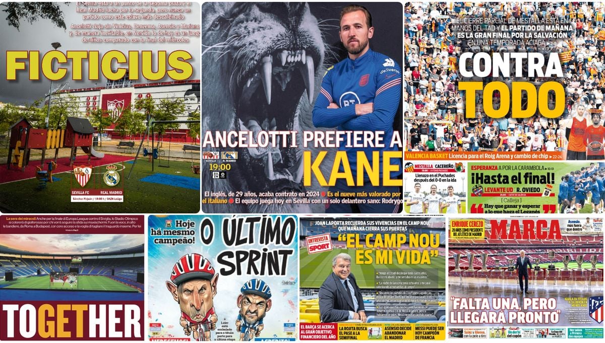 Un Sevilla-Real Madrid 'ficticius', Laporta, Kane, Asensio, Giro, F1, tenis... las portadas del sábado 27 de mayo
