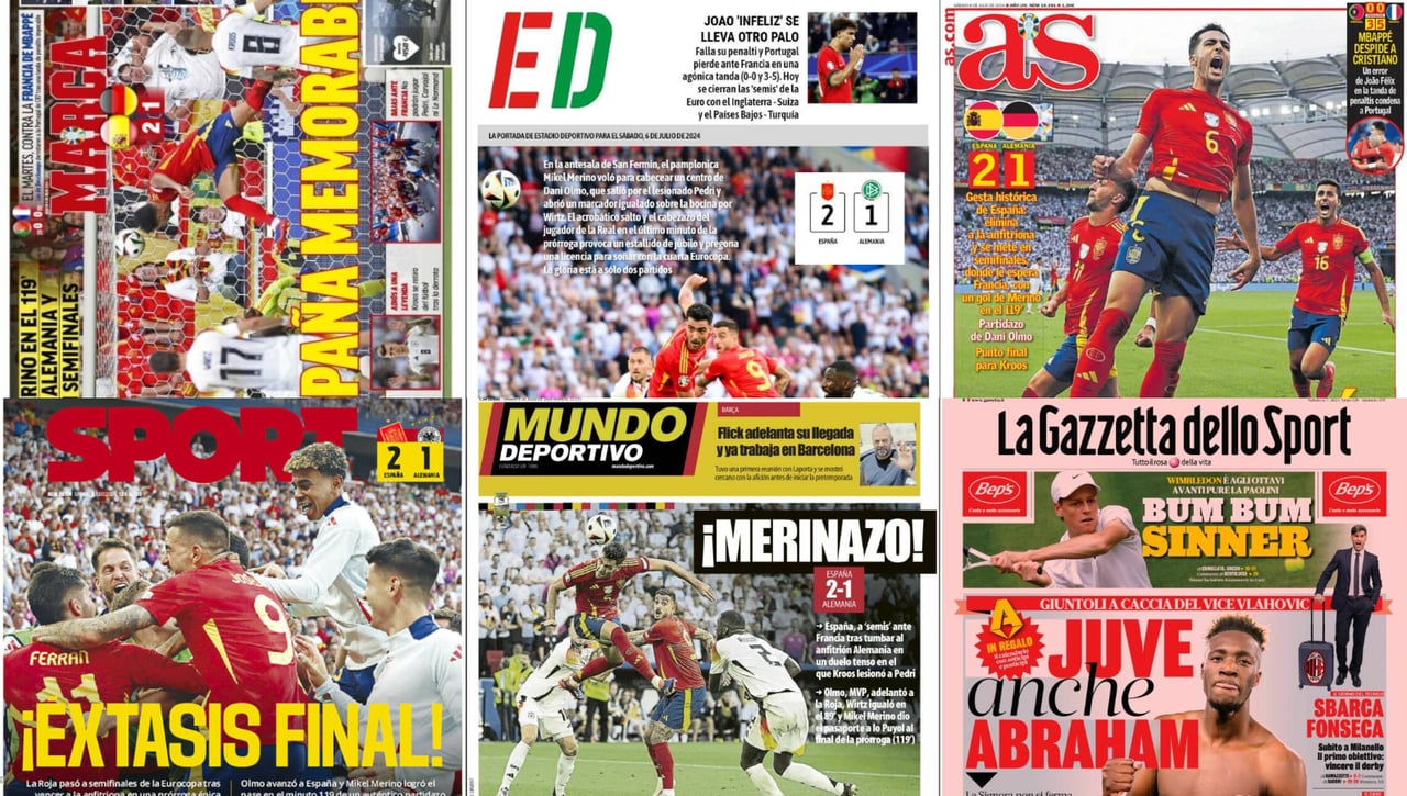 Mikel Merino y la mano de Cucurella, el triunfo de Carlos Alcaraz y la caída de Marc Márquez... así vienen las portadas