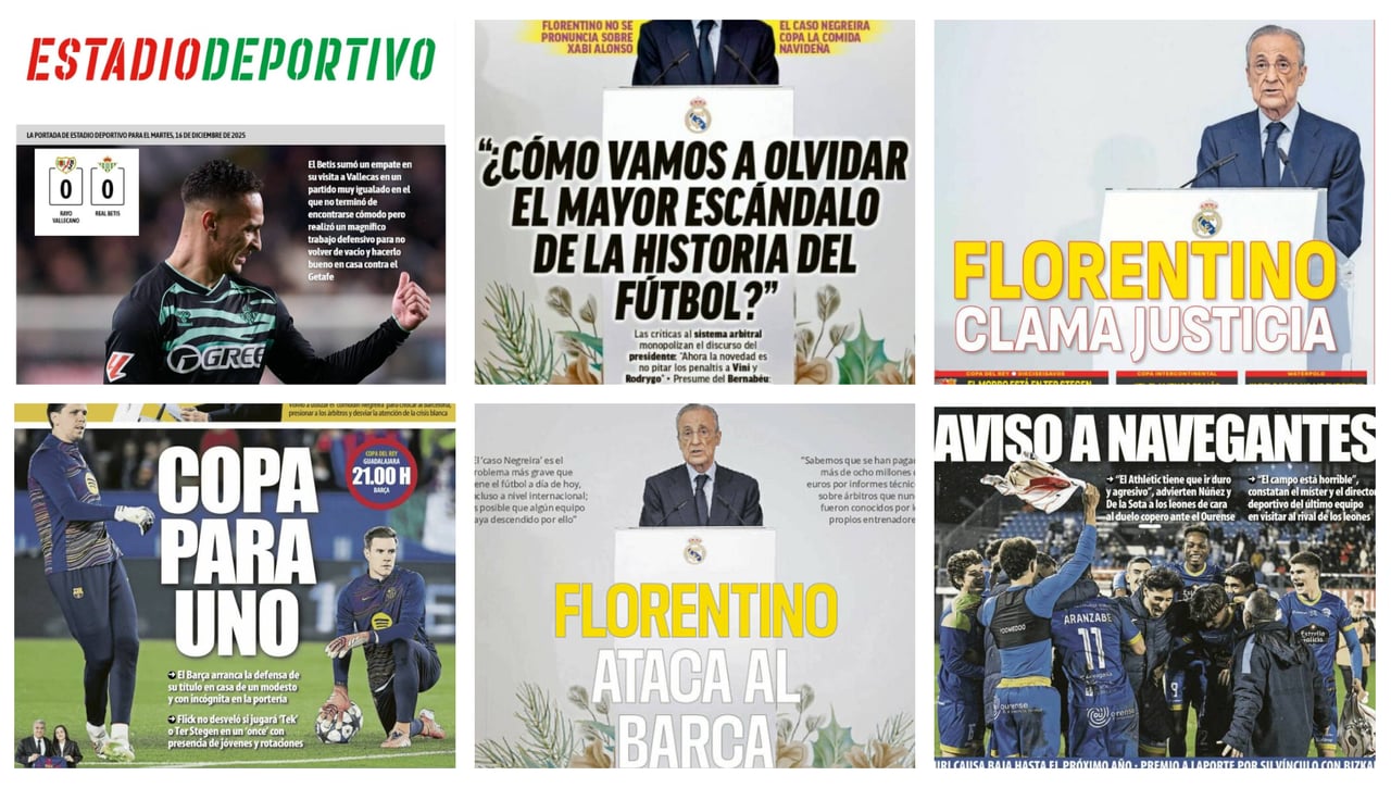 El empate del Betis, la junta de accionistas del Sevilla, Florentino y el Caso Negreira... así llegan las portadas de este martes 16 de diciembre de 2025
