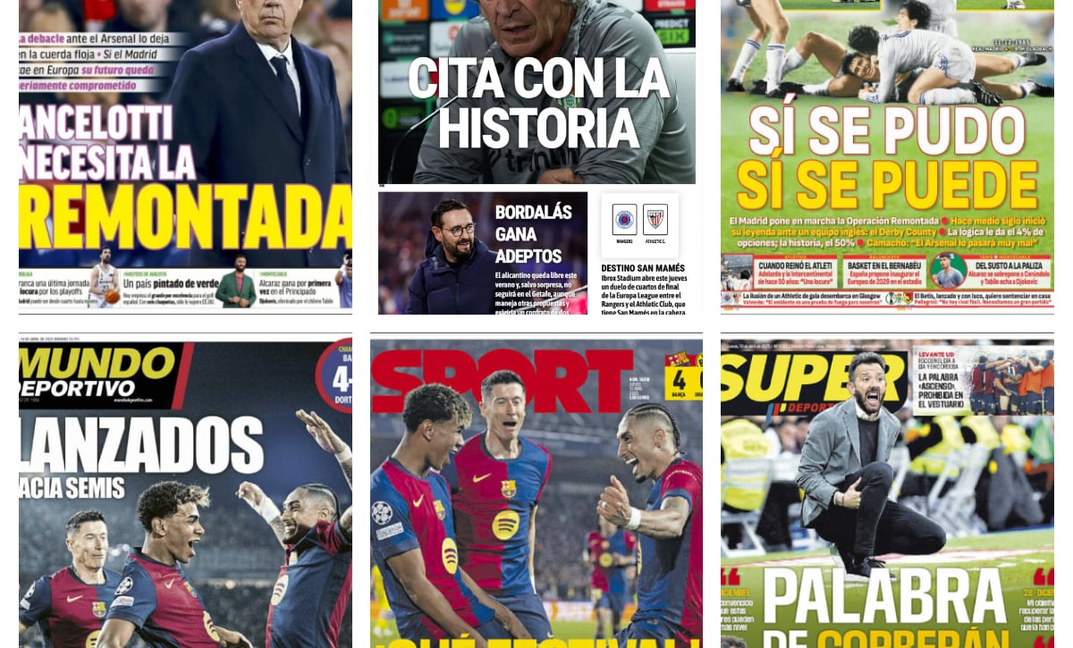 La goleada europea del Barça, el futuro de Ancelotti, el Betis se cita con la historia... así vienen las portadas de hoy