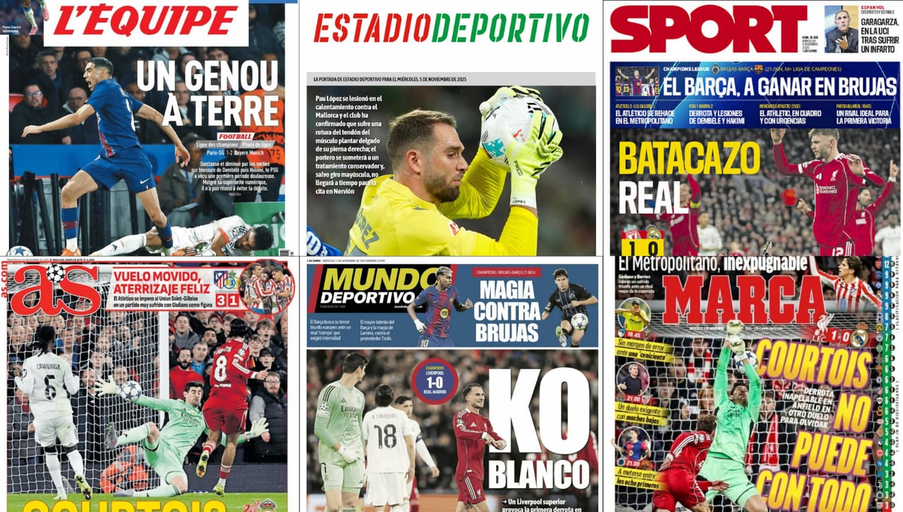 La derrota del Real Madrid en Anfield y todos los resultados de la Champions League... así vienen las portadas