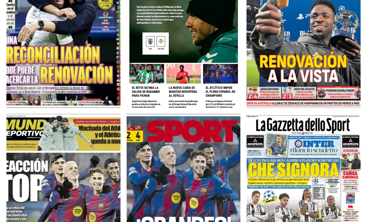 La visita del Betis al PAOK, la renovación de Vinicius, el triunfo del Barça en Praga...así vienen las portadas