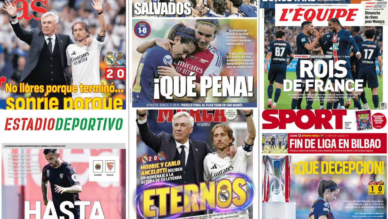 La despedida de Modric y Ancelotti, la caída del Barça en la final de la Champions y los títulos de PSG y Nápoles... Así vienen las portadas de este domingo 25 de mayo