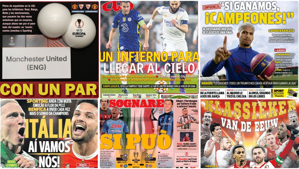 Reyes de Champions y Europa League, revolución de De la Fuente, jornada de Clásico... las portadas del sábado 