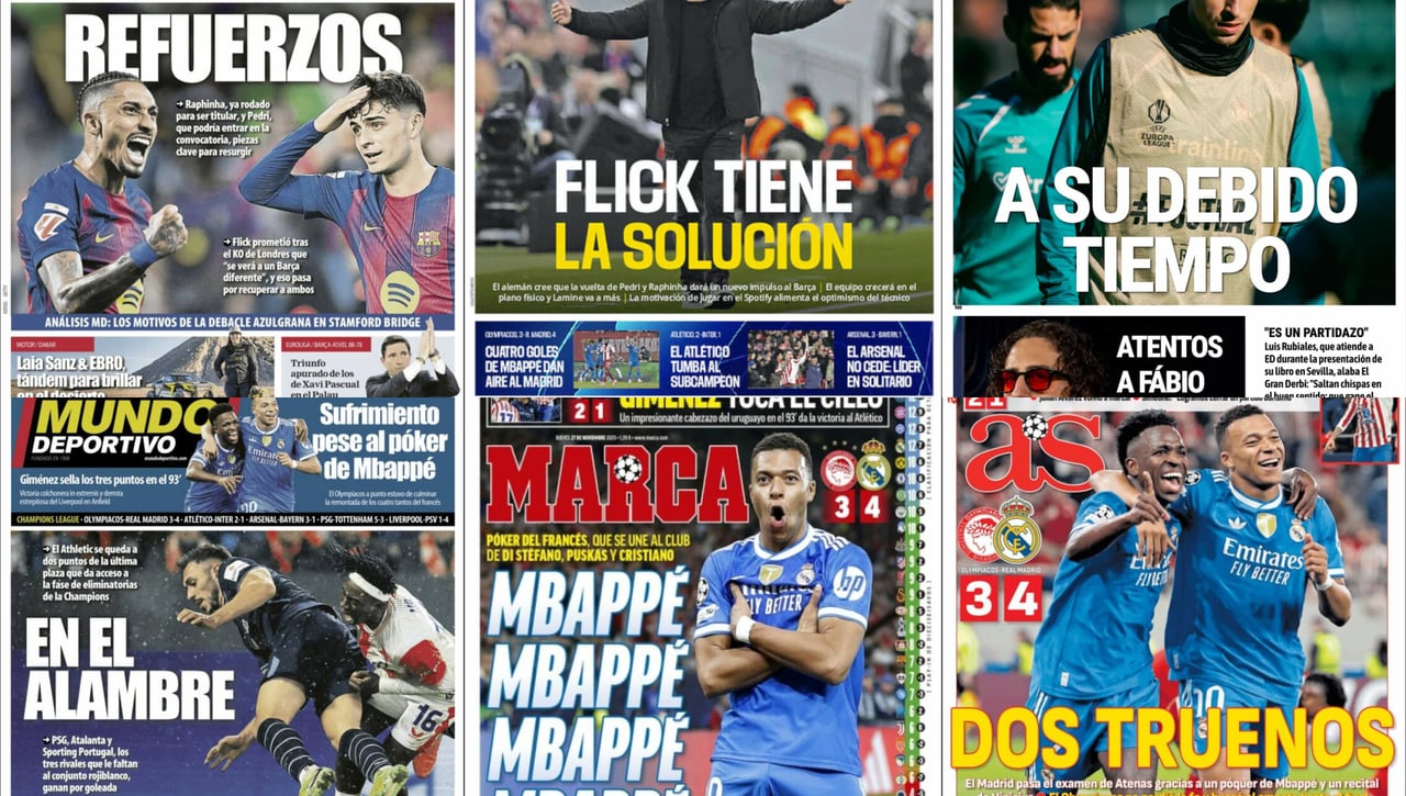 A su debido tiempo, el póker de Mbappé, la alarma defensiva del Madrid, la confianza de Flick… así llegan las portadas del jueves 27 de noviembre