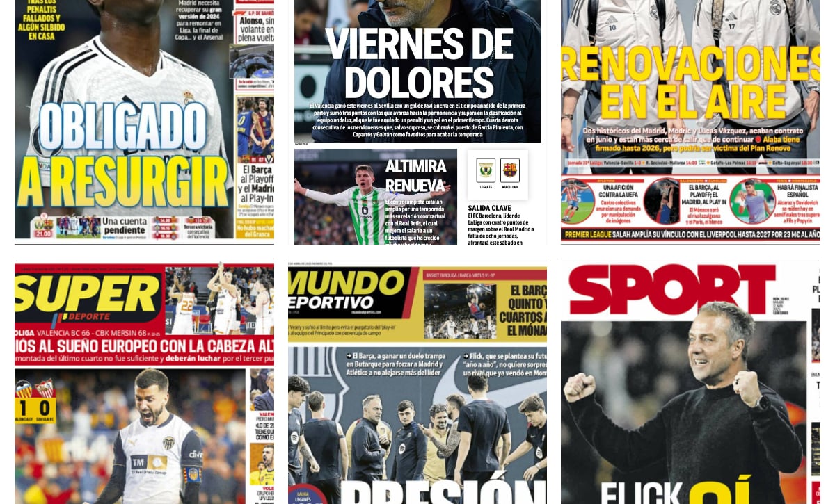La nueva derrota del Sevilla, las presiones de Real Madrid y FC Barcelona en la lucha por LaLiga, la renovación de Salah... así vienen las portadas
