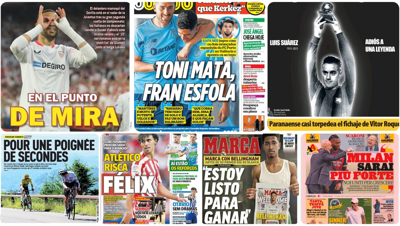 Carmona, En-Nesyri, Rafa Mir, Bellerín, Luis Suárez, Pogacar, Verstappen... las portadas del lunes 10 de julio 