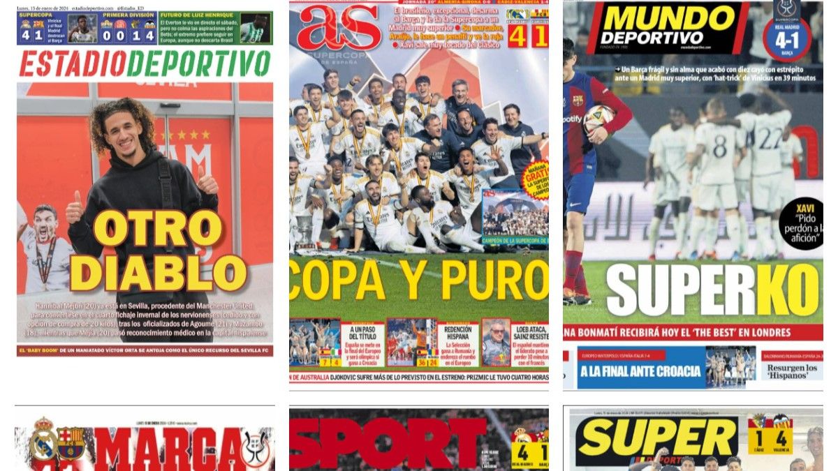 El Madrid conquista la Supercopa, Mejbri llega al Sevilla y 'pinchazo' del Girona... así vienen las portadas del 15 de enero