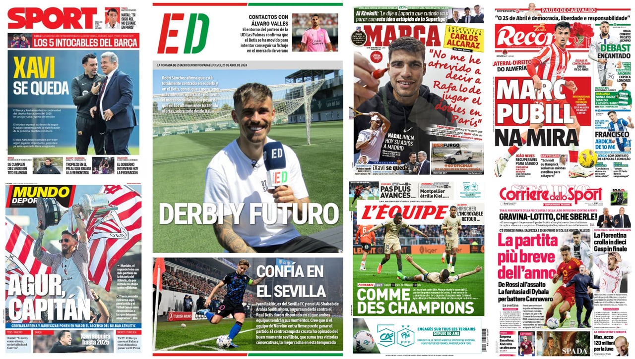 Rodri, derbi y futuro; Alcaraz y Nadal, en pareja; Pubill, deseado, Valles, Xavi, Muniain... portadas del jueves 25 abril 2024  