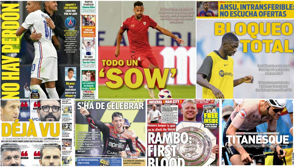 Debuta Sow, la primera de Isco, 'Déjà vu', Mbappé, Dembélé... las portadas del lunes 7 de agosto   