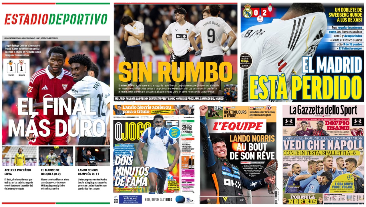 Valencia y Sevilla, sin rumbo; Real Madrid, perdido; Fábio Silva; Luuk de Jong; Lando Norris; Rafa Mir... las portadas del lunes 8 de diciembre de 2025
